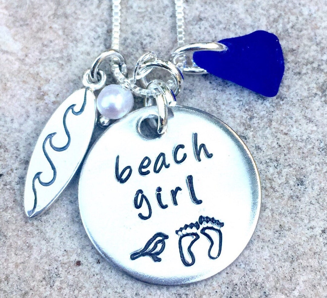 Surfer Girl Necklace, Surf Board Necklace, Sea Glass Necklace, Beach