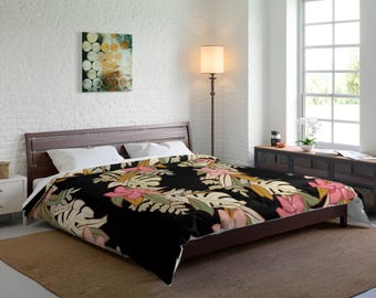 Hawaiian Maile Monstera Palapalai Plumeria Lei Comforter, Consolador hawaiano - Ropa de cama, Edredón poliesiano, Decoración hawaiana para el dormitorio, Aloha