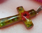 Unique 2 Inch Cross Tiny Flowers Saved In Acrylic or Lucite Sterling Mexico (TSY.66.230.BAY)