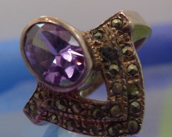 Size 6 Ring : Vintage Art Deco Sterling Silver Marcasite and Amethyst signed GJ  (9903) Georg Jensen ?