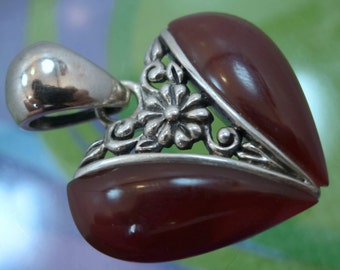 Vintage Split Heart Pendant Reddish Brown or Mahogany Stone Fancy Scrolled Sterling Silver Center Signed SX925