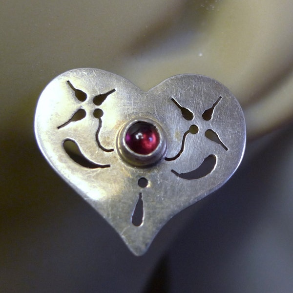 Earrings [88042] Vintage signed Navajo Designer Katke Heart Silver with Garnet Red Cabochon