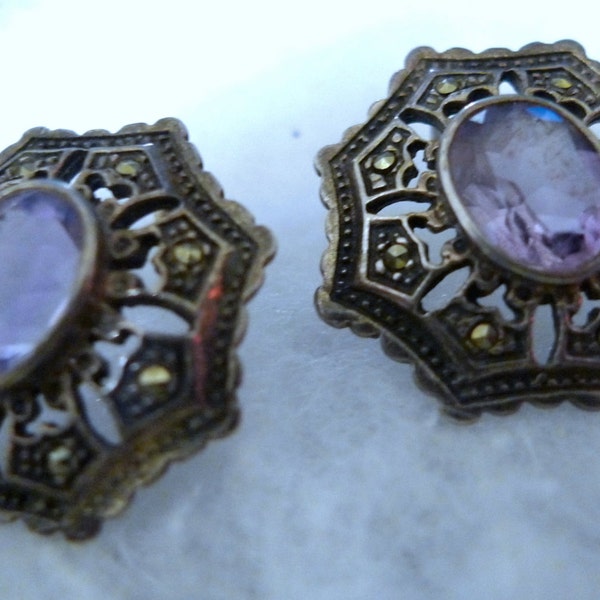 Earrings [88048]  Vintage Posts Amethyst and Marcasite in Sterling Silver signed ND 925