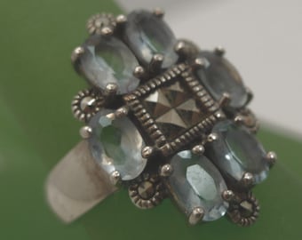 Size 7.5 Ring : Vintage Sterling Silver Soft Powder or Baby Blue Topaz & Marcasite  (9903)