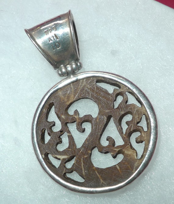 Vintage Pendant Wood Carving Sterling 925 Silver … - image 2