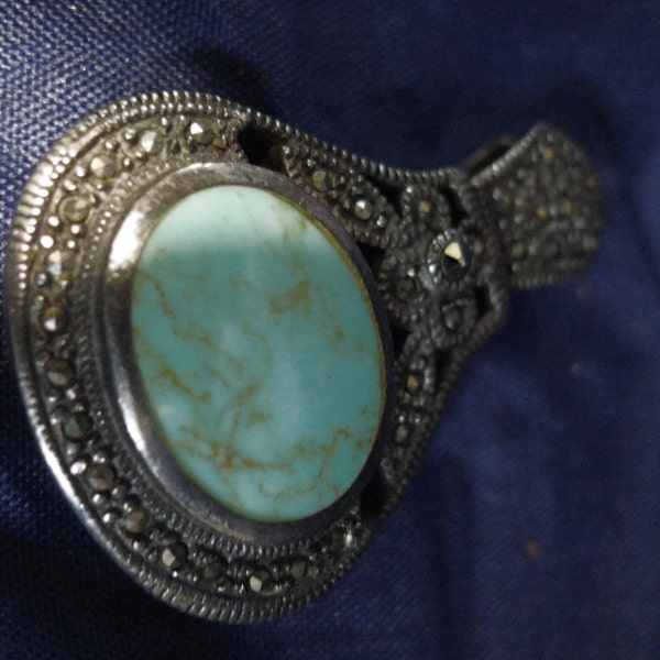 Retro Hinged Pendant Sterling Copper Veined Turquoise & Brilliant Marcasite (66.140)