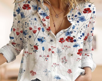 Watercolor 4th Of July Women Floral Blouse, Patriotic Shirt