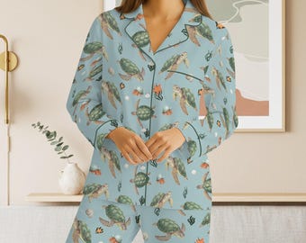Sea Turtle Women Satin Pajamas Set, Ocean Lover Gift