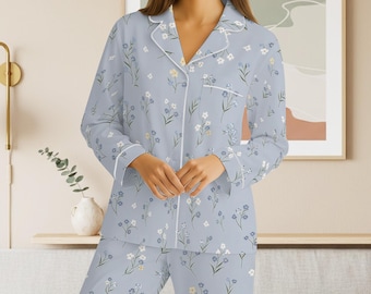 Ditsy Floral Women Satin Pajamas Set, Wildflowers Pjs Set