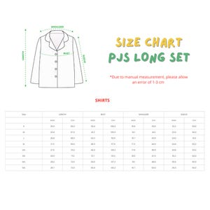 May include: Size chart for PJS Long Set shirts. The chart includes measurements in inches and centimeters for length, bust, shoulder, and sleeve. The chart also includes a diagram of the shirt with labeled measurements.