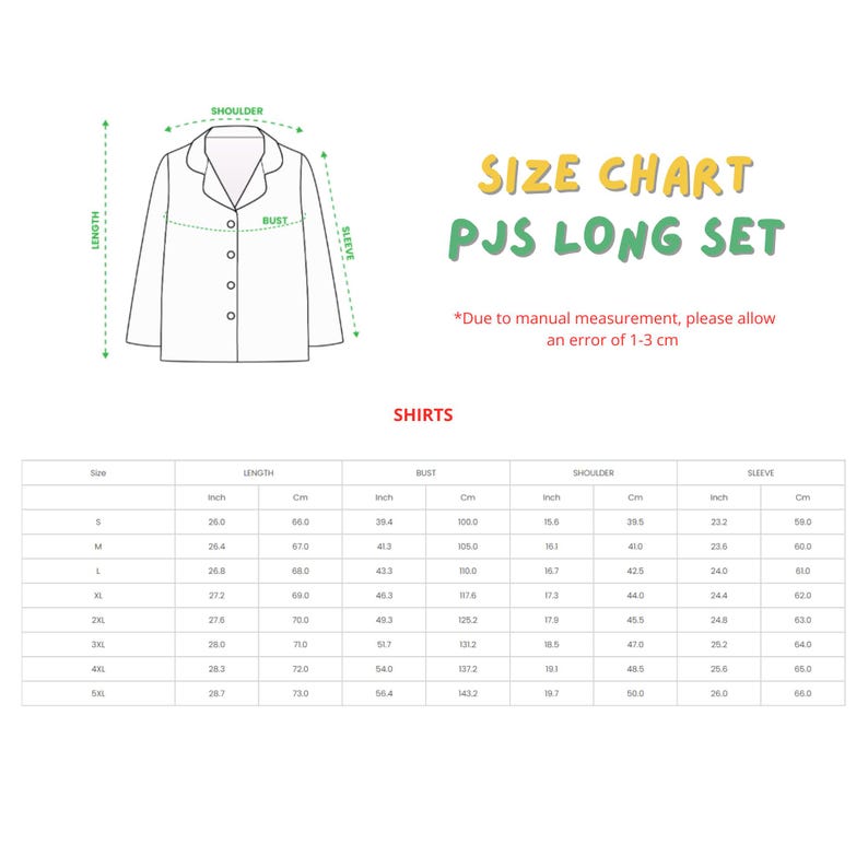 May include: Size chart for PJS Long Set shirts. The chart includes measurements in inches and centimeters for length, bust, shoulder, and sleeve. The chart also includes a diagram of the shirt with labeled measurements.