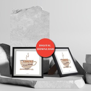 May include: Two framed prints featuring a coffee cup design made of coffee-related words. The word "COFFEE" is prominent. The prints are in black frames, displayed on a textured, light gray surface. A red circle with "DIGITAL DOWNLOAD" is visible.