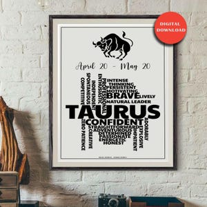 Pode incluir: Impressão artística emoldurada com uma ilustração de touro preto e a palavra "Taurus" em letras grandes. A impressão inclui as datas de 20 de abril a 20 de maio e uma lista de traços de Touro. Um círculo vermelho indica um download digital.