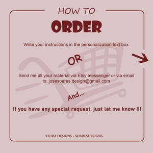 May include: A light pink graphic with the words "HOW TO ORDER" in dark red. Instructions are provided on how to order, including writing instructions in the personalization text box or sending materials via Etsy messenger or email. The graphic includes a shopping cart illustration.