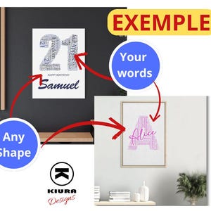 May include: Two framed prints with text. One print features the number "21" composed of words, with "Samuel" below. The other print displays the name "Alice" in a stylized font. The prints are displayed on a wall with a shelf and decorative items.