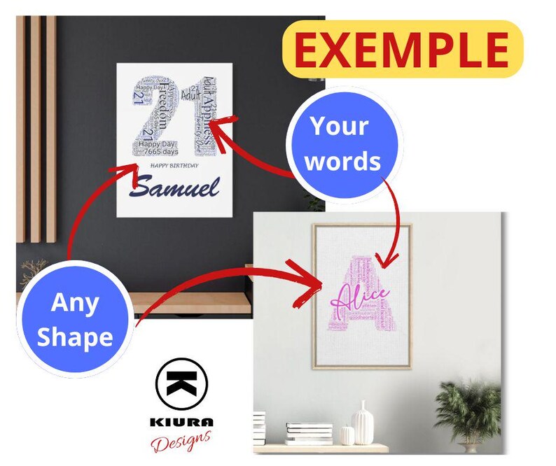 May include: Two framed prints with text. One print features the number "21" composed of words, with "Samuel" below. The other print displays the name "Alice" in a stylized font. The prints are displayed on a wall with a shelf and decorative items.