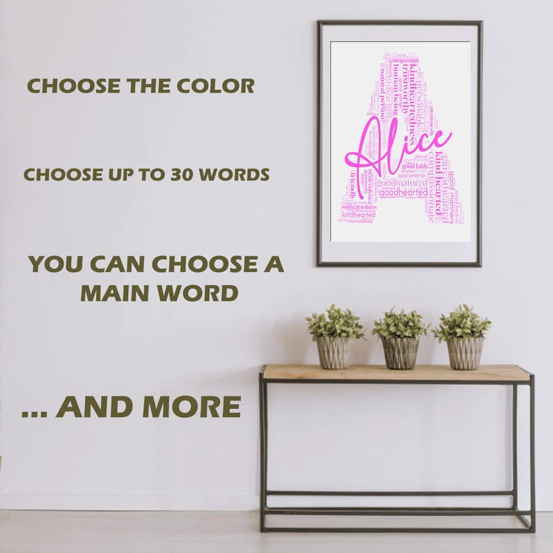 May include: A framed print featuring the name "Alice" in a cursive font, composed of words like "kindhearted" and "trustworthy." The artwork is in a white frame, displayed above a wooden console table with three potted plants. Text on the wall reads "Choose the color."