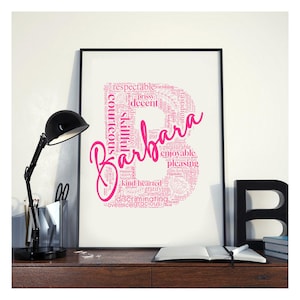 Pode incluir: Uma impressão emoldurada com o nome "Barbara" em rosa, dentro de uma nuvem de palavras rosa em forma da letra 'B'. A impressão está em uma mesa com uma lâmpada preta e artigos de papelaria.