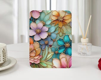 Stained Glass Floral Art Custom Kindle Case with Hand Strap for 2024 Paperwhite 12th Gen Kindle 12th/11th/10th Clear Back Kindle Case Cover