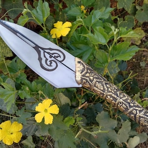 May include: A decorative spear with a silver blade and an ornate, gold-colored handle. The blade features a dark, stylized design. The spear is set against a backdrop of green foliage and yellow flowers.