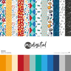 Può includere: Una collezione di modelli di carta digitale con disegni a tema scolastico. I modelli includono lettere colorate, numeri, faccine sorridenti, rombi, matite e materiale scolastico. L'immagine include anche una tavolozza di colori e il testo "BACK TO SCHOOL".