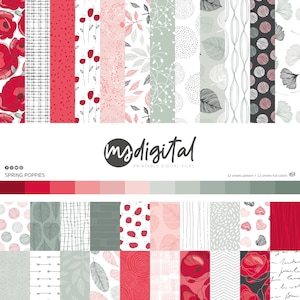 Può includere: Raccolta di carte digitali con motivi floreali e astratti nei toni del rosso, rosa e grigio. I disegni includono papaveri, foglie e forme geometriche. Il testo "Spring Poppies" e "msdigital" sono visibili.