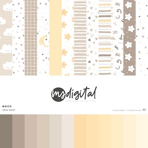 May include: Digital paper pack with patterns in soft yellow, beige, and white. Designs include clouds, stars, and geometric shapes. The pack includes 12 sheets with full colours. The text "NEW BABY" is visible.