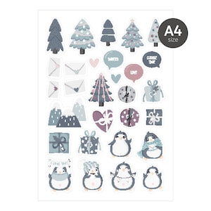 May include: A sheet of winter-themed stickers featuring Christmas trees, penguins, gifts, and speech bubbles with text. The stickers are in shades of blue, pink, and gray. The sheet is labeled "A4 size".