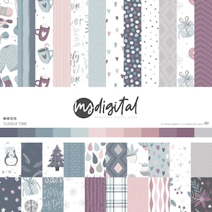 May include: A collection of digital paper sheets with winter-themed patterns. Designs include hearts, dots, gifts, and holiday motifs in shades of blue, pink, and gray. The text "Cuddle Time" and "ms digital" are also visible.