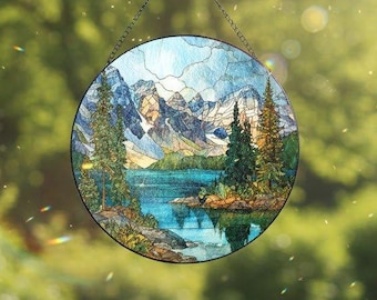 Alpine Lake Suncatcher Window Hanging, Mountain Landscape Stained Glass Style Decor, Scenic Nature Gift, Cabin Window Art for Nature Lovers