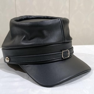 Black Leather Kepi Cap Vintage Style Visor Hat Handmade Unisex Costume Fashion Cap