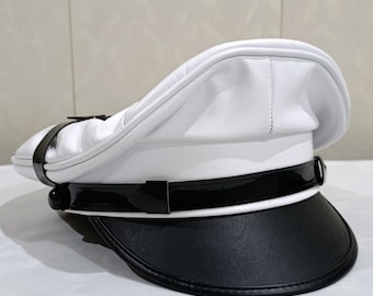 Gorra Muir blanca de cuero auténtico con visera / Gorra estilo motero militar