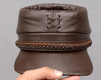 Brown Leather Kepi Hat with Braided Strap, Vintage Military Style Cap