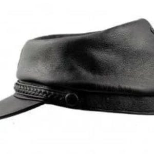 May include: Black leather cap with a short, curved brim. The cap features a braided band around the base and a button detail. The hat has a rounded crown and a smooth, matte finish.