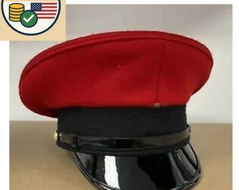 Red Officer Visor Cap, Vintage Military Peaked Hat, Retro Parade Costume