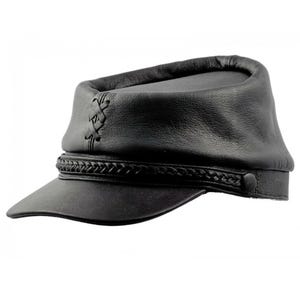 May include: A black leather cap with a short brim and a braided band. The cap features decorative stitching on the side and a button closure. The hat has a classic, military-inspired design.