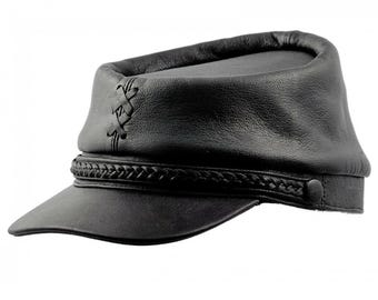 Handcrafted Black Leather Cap | Unisex Biker Hat with Braided Trim | Classic Handmade Leather Headwear