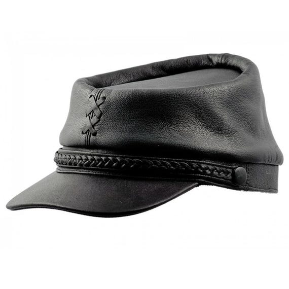 Handcrafted Black Leather Cap | Unisex Biker Hat with Braided Trim | Classic Handmade Leather Headwear