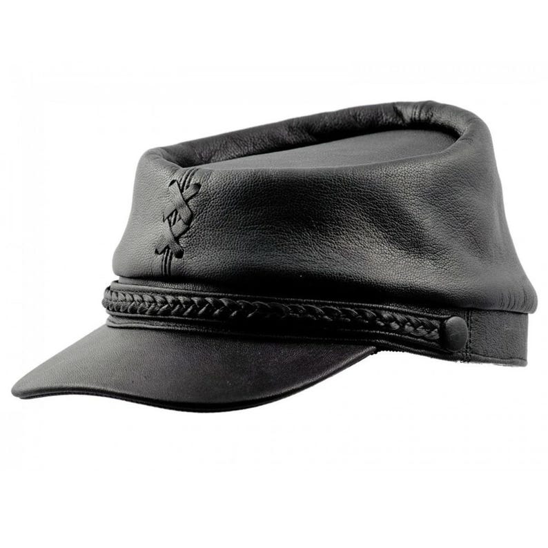 May include: A black leather cap with a short brim and a braided band. The cap features decorative stitching on the side and a button closure. The hat has a classic, military-inspired design.