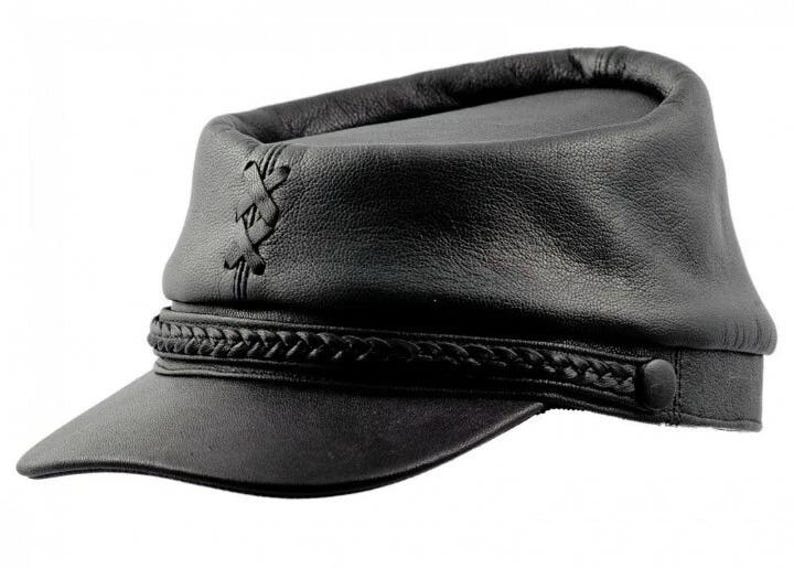 May include: Black leather cap with a short brim and a braided band around the base. The cap features a decorative stitched design on the side and a button closure. The hat is a solid black color.