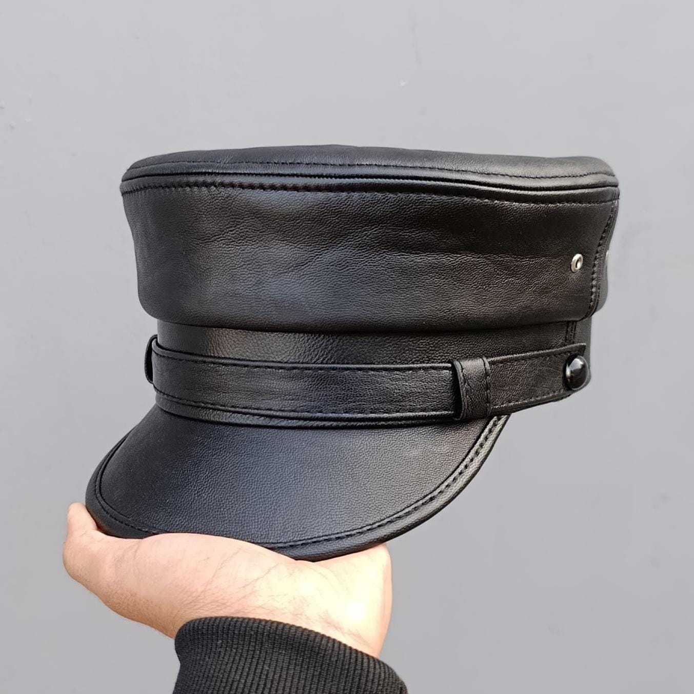 Black Genuine Leather Fisherman Cap, Handmade Greek Sailor Hat, Vintage Mariner Newsboy Cap, Unisex Leather Docker Hat