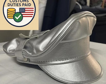 Silver Leather Army Cap, Muir Biker Style, Peaked Visor Hat