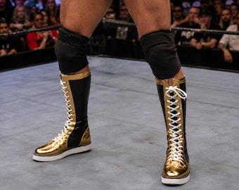 Custom Leather Wrestling Boots, Gold Black Lace-Up Ring Footwear