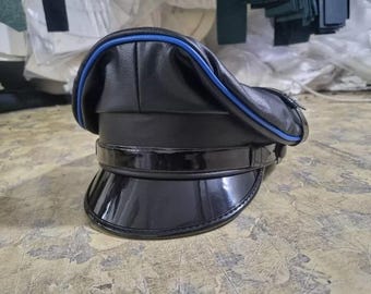 Black Leather Biker Cap, Blue Trim, Military Peaked Hat, Retro Officer Style