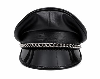 Handmade Soft Leather Muir Cap: Biker Officer Hat with Chain