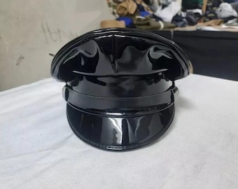 Black Patent Leather Style Peaked Cap Glossy Visor Hat Unisex Fashion Costume Accessory
