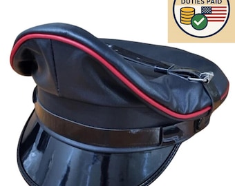 Black Leather Biker Cap, Red Trim, Military Peaked Hat, Retro Officer Style
