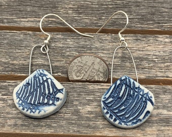 Bright Blue Minimalist Porcelain Dangle Earrings with Map texture