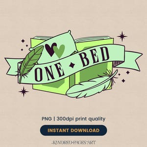 May include: A digital illustration featuring a green book with the words "ONE BED" on a banner. The design includes two feathers, hearts, and stars. The image has a vintage aesthetic and is set against a neutral background.