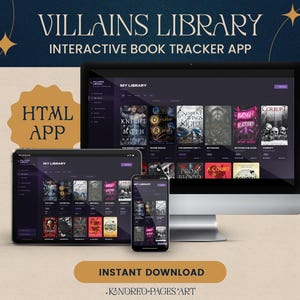Könnte beinhalten: Digitale Darstellung der interaktiven Buch-Tracker-App "Villains Library", die auf einem Desktop-Monitor, Tablet und Smartphone angezeigt wird. Die App-Oberfläche ist dunkel mit Buchcovern. Der Text "HTML APP" und "INSTANT DOWNLOAD" sind ebenfalls sichtbar.